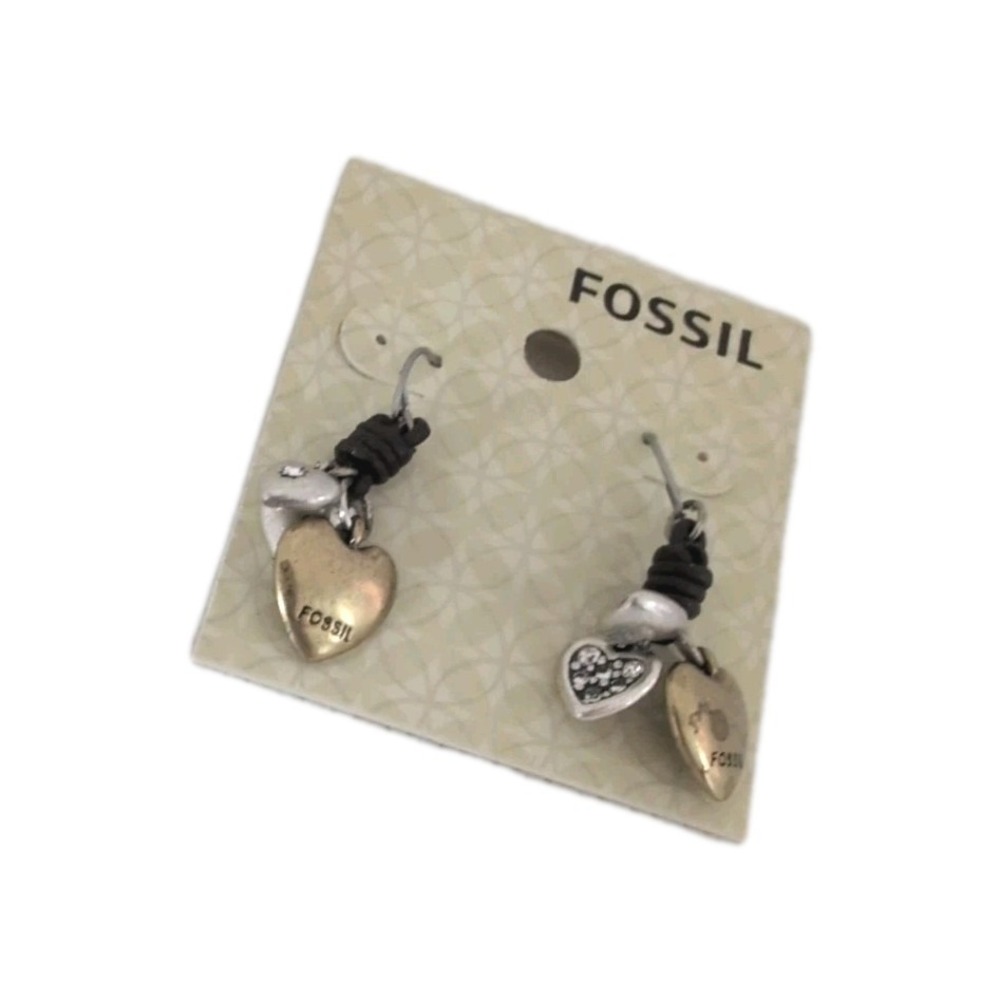 Y2k Fossil Brand Two Tone Heart Dangle Earrings - New - Picture 2 of 3